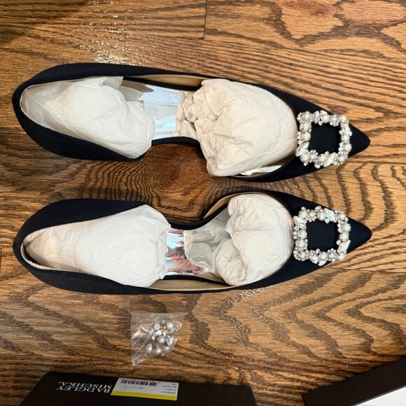 Badgley Mischka Womens Sz 1 Cher Crystal Buckle Pumps Black Satin Stilettos Glam - Picture 7 of 16